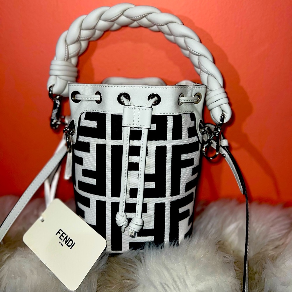 Canvas Nappa F is Fendi FF Embroidered Mini Mon Tresor Bucket Bag White Black
